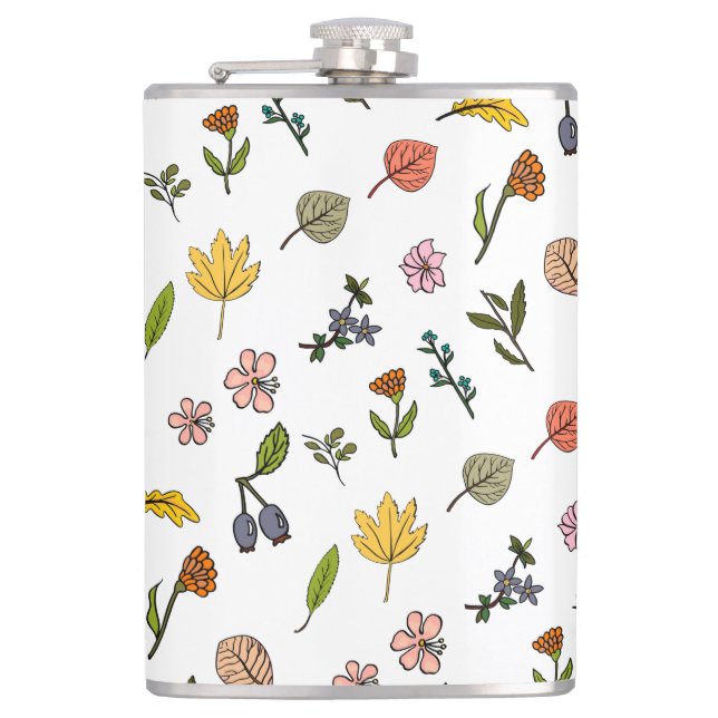 autumn pink red and yellow flowers and leaves hip flask (Front)