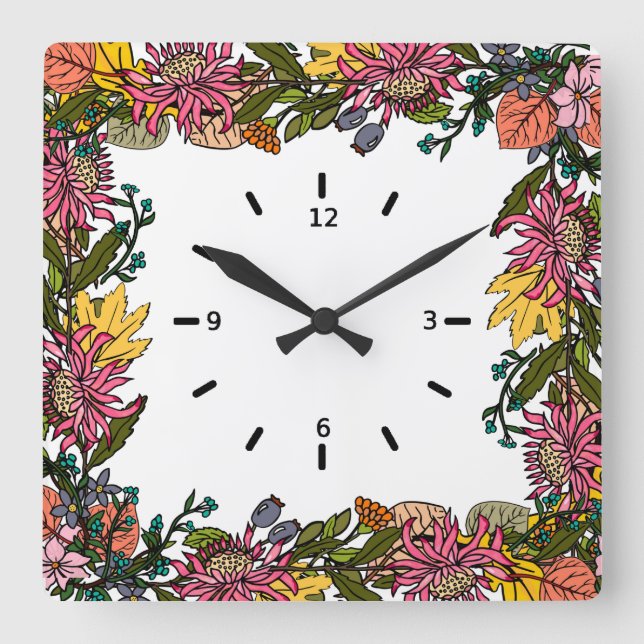 autumn pink red and yellow flowers and leaves square wall clock (Front)