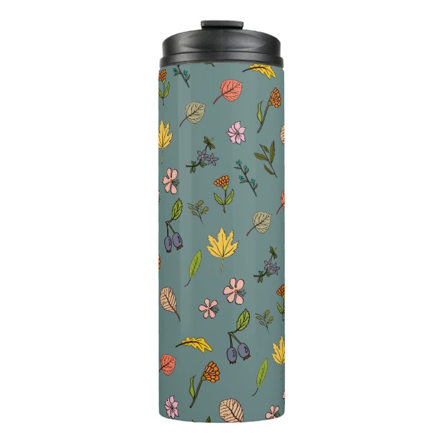 autumn pink red yellow flowers and leaves green thermal tumbler (Front)