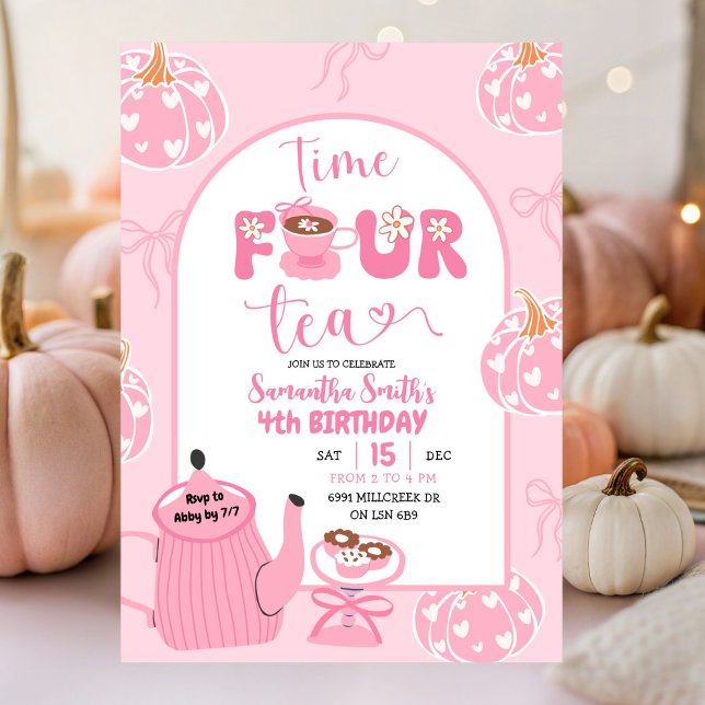  Autumn Pink Whimsical Retro Tea Girl 4th Birthday Invitation (Creator Uploaded)