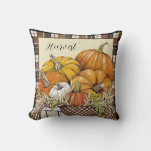 autumn plaid and pumpkins throw pillow