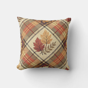 Autumn Plaid Maple Leaves Patchwork Tartan Pattern Cushion