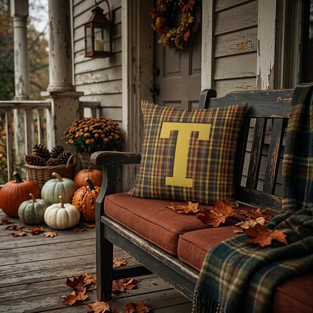 Autumn plaid monogram cushion (Creator Uploaded)