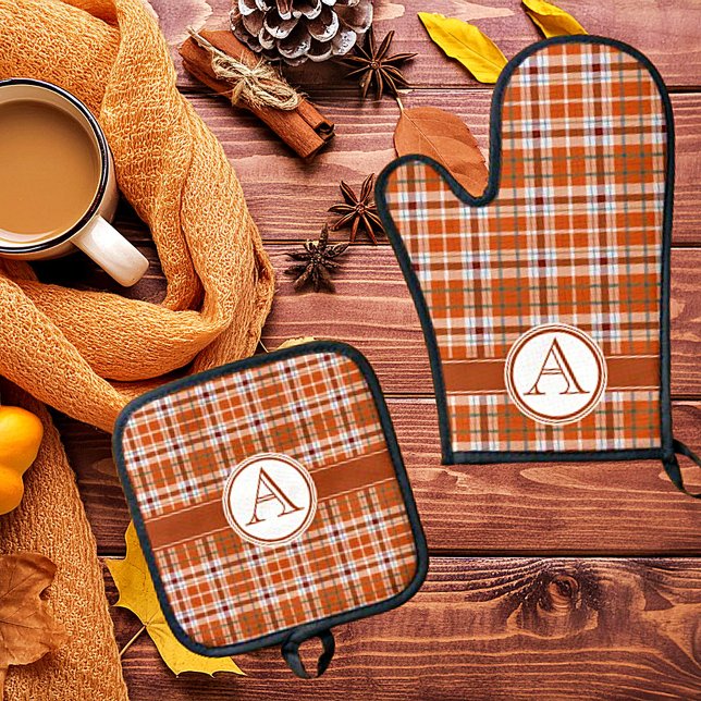Autumn plaid monogram oven mitt & pot holder set (Creator Uploaded)