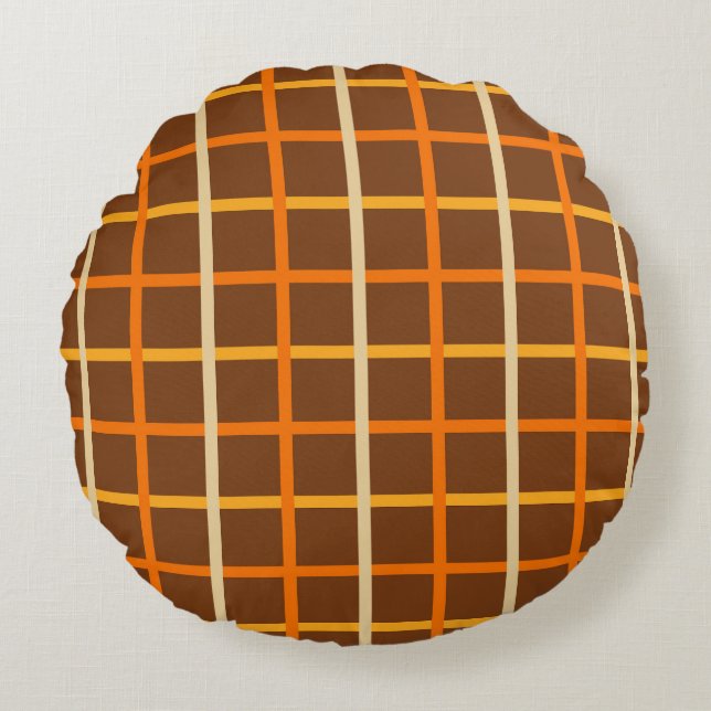 Autumn Plaid Pattern in Orange Green and Brown Round Cushion (Front)