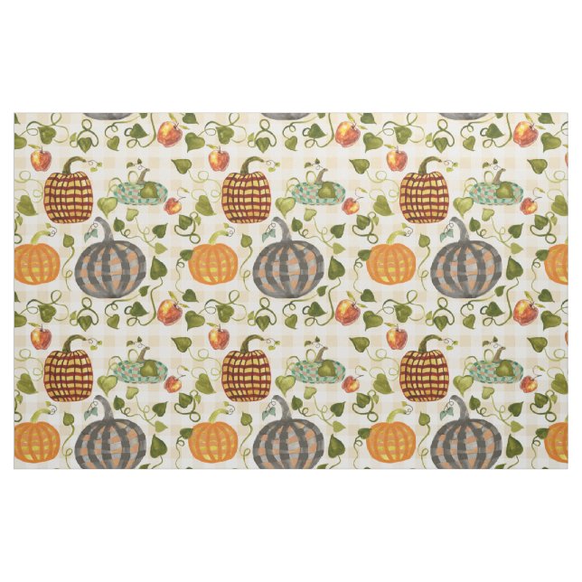 Autumn Plaid Pumpkins Apples On Gold Gingham Fabric (Fat Quarter)