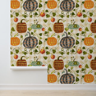 Autumn Plaid Pumpkins Apples On Gold Gingham Wallpaper