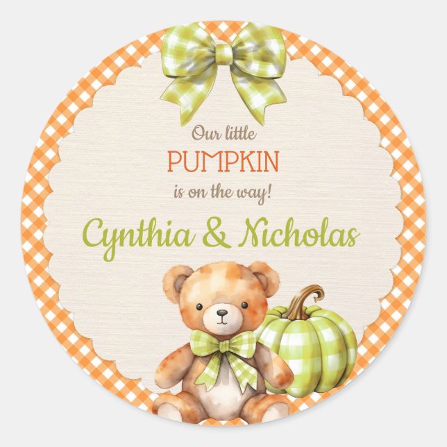 Autumn Plaid Teddy Bear Pumpkin Leaves Classic Round Sticker (Front)