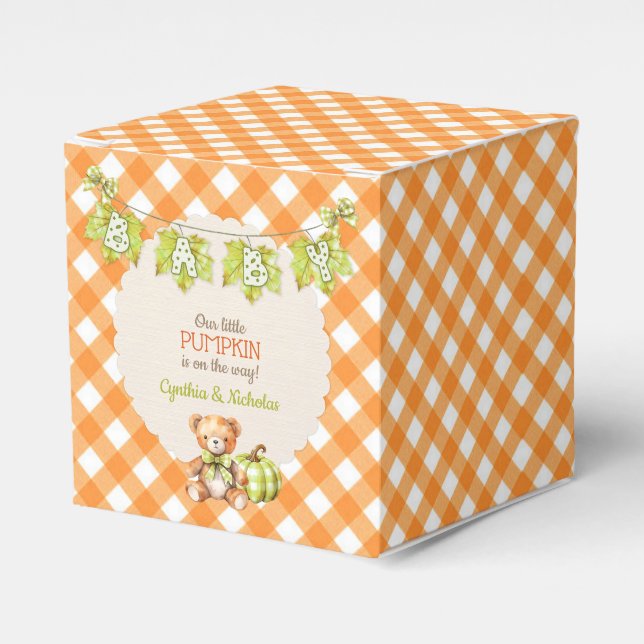 Autumn Plaid Teddy Bear Pumpkin Leaves Favour Box (Front Side)