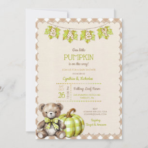 Autumn Plaid Teddy Bear Pumpkin Leaves Invitation