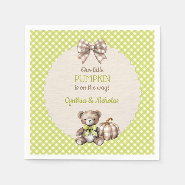 Autumn Plaid Teddy Bear Pumpkin Napkin (Front)