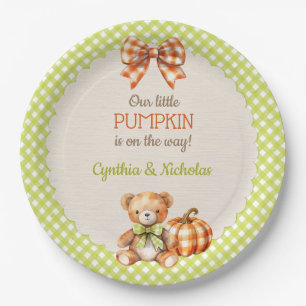 Autumn Plaid Teddy Bear Pumpkin Paper Plate