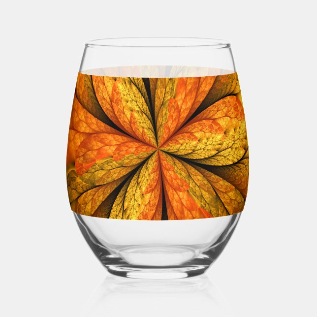 Autumn Plant, Modern Abstract Fractal Art Leaf Stemless Wine Glass (Front)