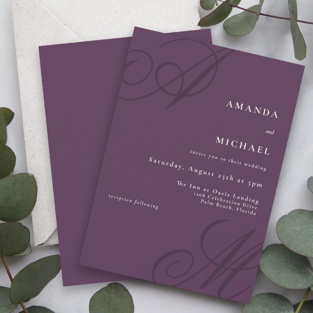 Autumn Plum Elegant Calligraphy Monogram Wedding Invitation (This simple minimalist fall wedding invitation has the bride and groom's initials in calligraphy.)