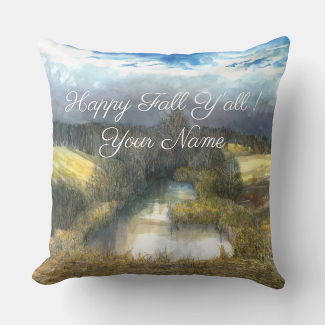 Autumn pond watercolor painting cushion (Front)