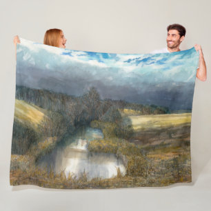 Autumn pond watercolor painting fleece blanket