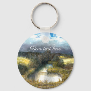 Autumn pond watercolor painting key ring