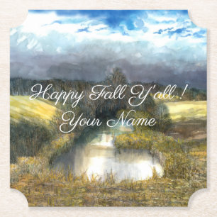 Autumn pond watercolor painting paper coaster