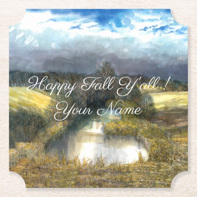 Autumn pond watercolor painting paper coaster (Front)