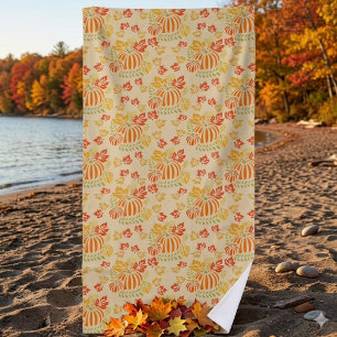 Autumn Pumpkin And Falling Leaves Seamless Pattern Beach Towel