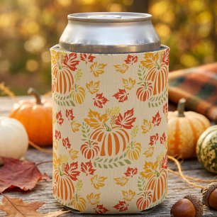 Autumn Pumpkin And Falling Leaves Seamless Pattern Can Cooler
