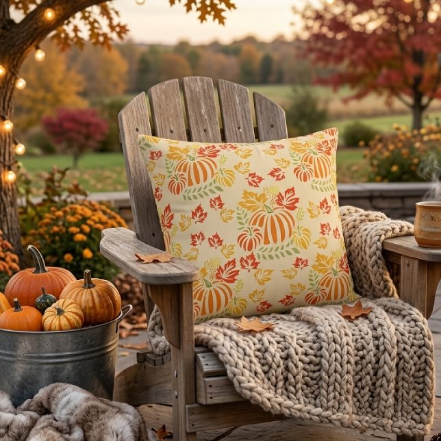 Autumn Pumpkin And Falling Leaves Seamless Pattern Cushion (Creator Uploaded)