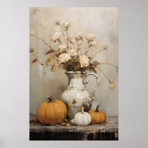 Autumn Pumpkin and Floral Still Life Painting Poster