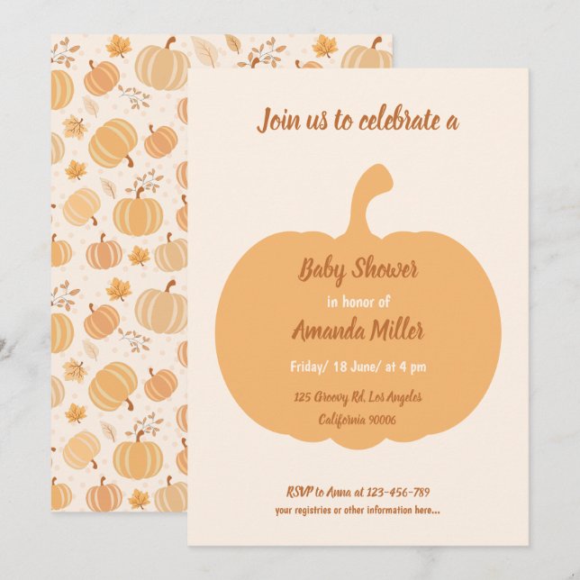 Autumn Pumpkin and Leaf Pastel Baby Shower Invitation (Front/Back)