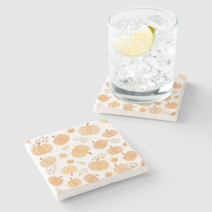 Autumn Pumpkin and Leaf Pastel Pattern Stone Coaster