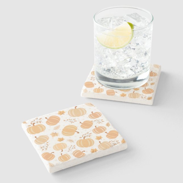 Autumn Pumpkin and Leaf Pastel Pattern Stone Coaster (Side)
