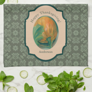 Autumn Pumpkin and Leaf Personalised Thanksgiving Tea Towel