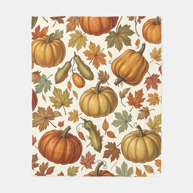 Autumn Pumpkin and Leaf Seamless Pattern  Fleece Blanket (Front)