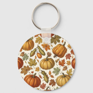 Autumn Pumpkin and Leaf Seamless Pattern Key Ring