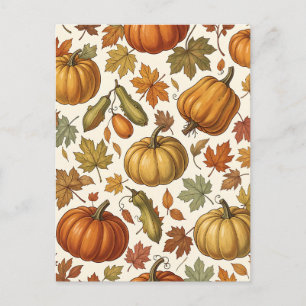 Autumn Pumpkin and Leaf Seamless Pattern Postcard
