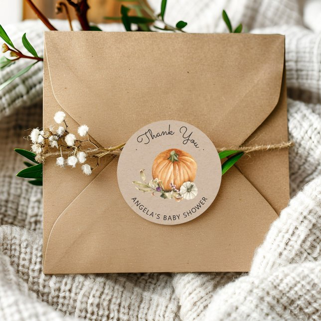 Autumn Pumpkin And Leaves Baby Shower Classic Round Sticker (Creator Uploaded)
