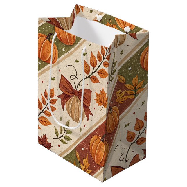 Autumn Pumpkin and Leaves Fall Pattern Medium Gift Bag (Front Angled)