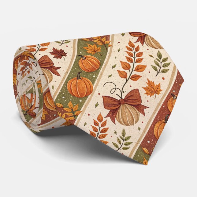 Autumn Pumpkin and Leaves Fall Pattern Tie (Rolled)