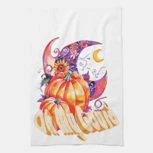 Autumn Pumpkin And Moon In Watercolor White Tea Towel