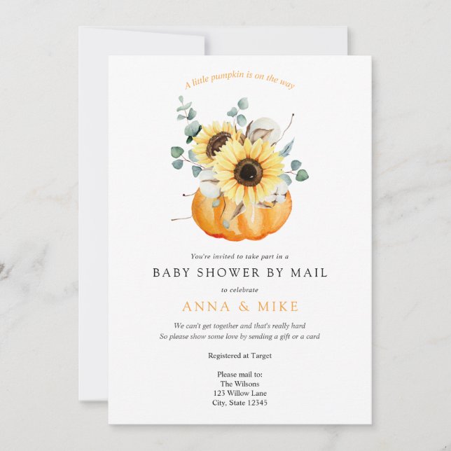 Autumn Pumpkin and Sunflowers Baby Shower by Mail Invitation (Front)