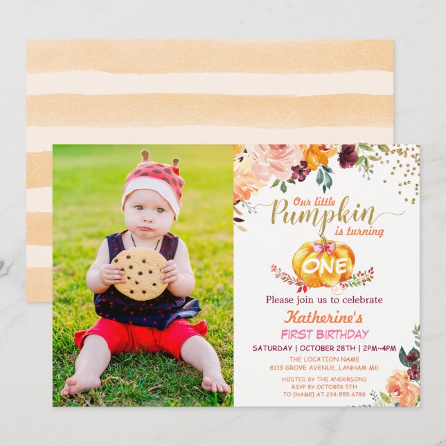 Autumn Pumpkin Baby Birthday with Kids Photo Invitation (Front/Back)