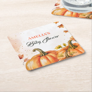Autumn Pumpkin Baby Shower Watercolor Square Paper Coaster