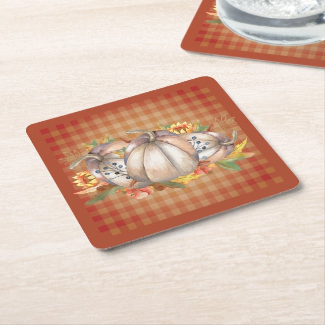 Autumn Pumpkin Bouquet Square Paper Coaster (Angled)