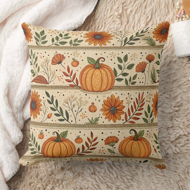 Autumn Pumpkin Chrysanthemum Orange Stripe Pattern Cushion (Blanket)
