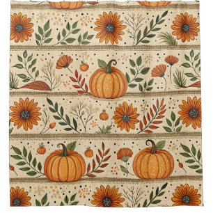Autumn Pumpkin Chrysanthemum Orange Stripe Pattern Shower Curtain