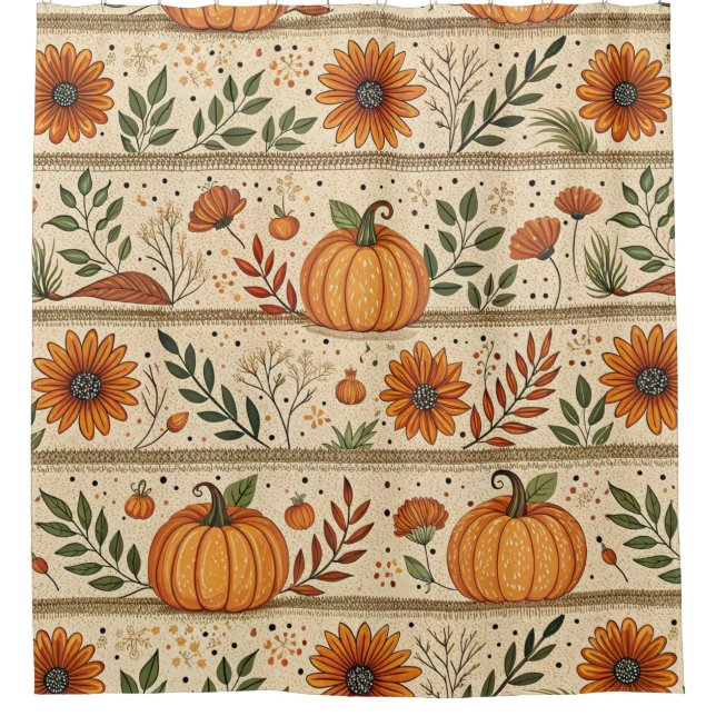 Autumn Pumpkin Chrysanthemum Orange Stripe Pattern Shower Curtain (Front)