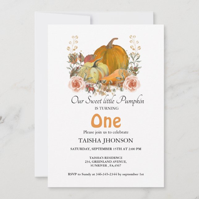 Autumn pumpkin fall first birthday party invitation (Front)