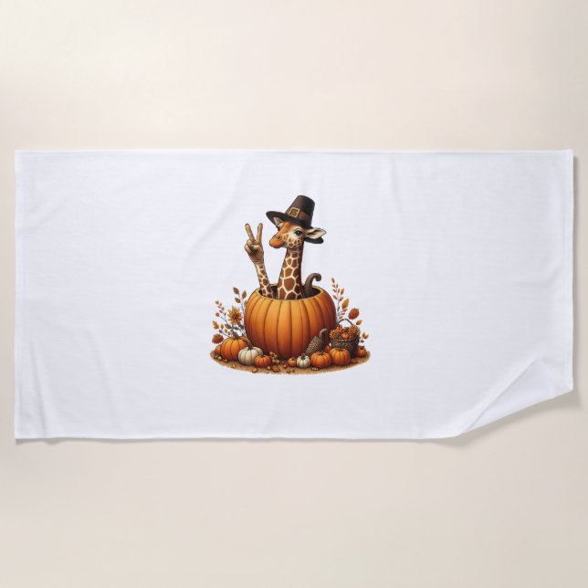 Autumn Pumpkin Fall Giraffe Thanksgiving Womens Me Beach Towel (Front)
