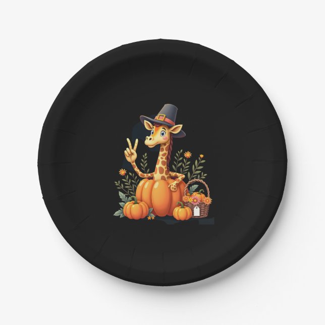 Autumn Pumpkin Fall Giraffe Thanksgiving Womens Me Paper Plate (Front)