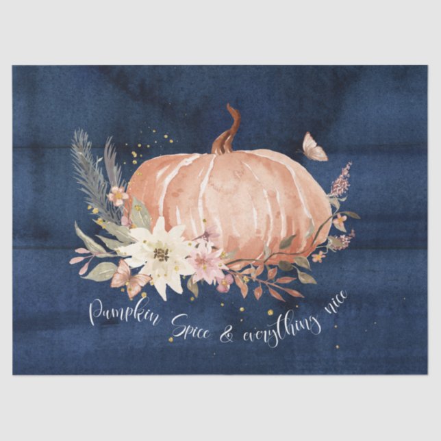 Autumn Pumpkin Fall Leaf Navy Blue Wood Decoupage Tissue Paper (Front)