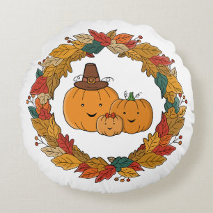 Autumn Pumpkin Family Wreath Round Cushion